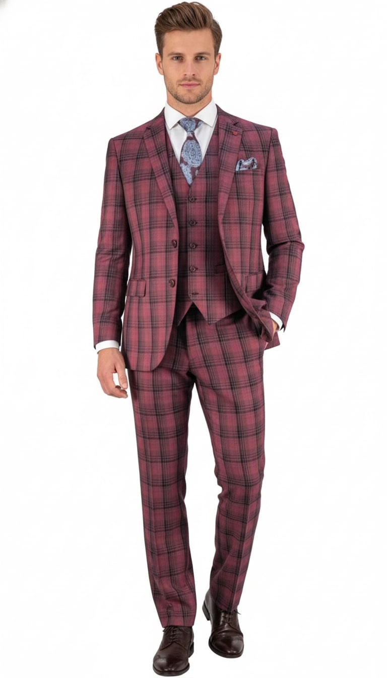 Red Burgundy Plaid 3-Piece Suit for Men