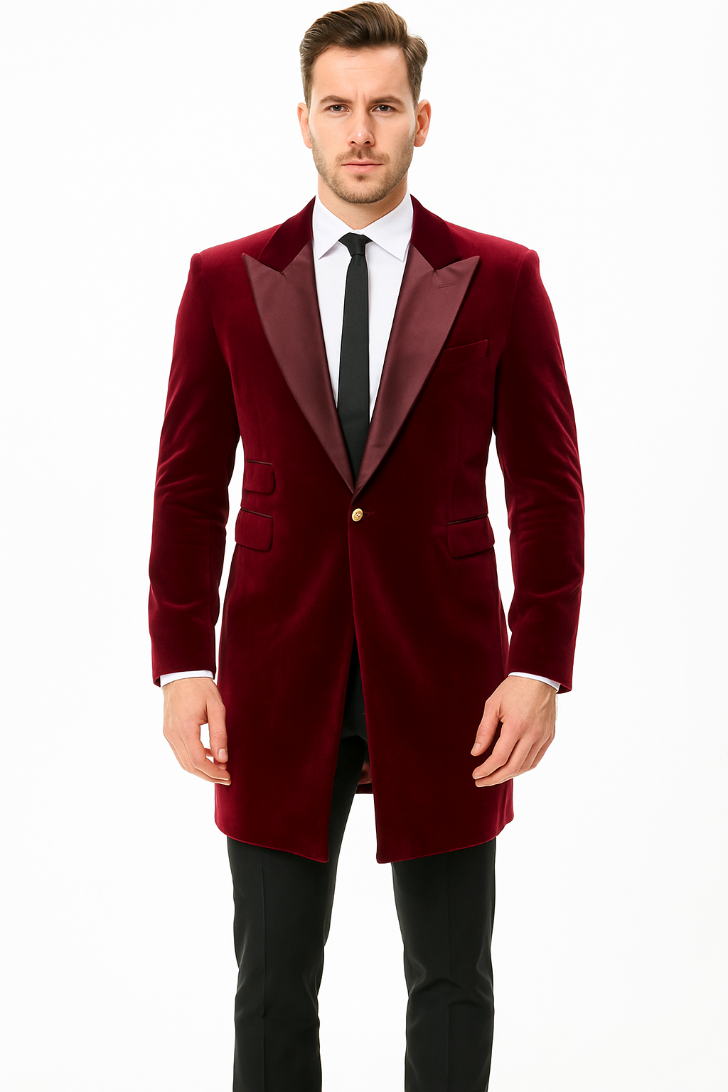 Men’s Burgundy Tuxedo in Velvet Long Blazer – Victorian Cutaway Tuxedo Suit 1920s Gangster Style Long Jacket with Black Pants
