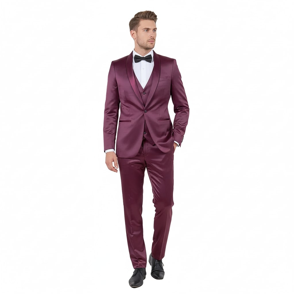 Burgundy Slim Fit Sateen Tuxedo with Shawl Lapel