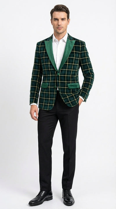 Mens Tartan Green and Gold Check Blazer β Windowpane Plaid Sport Coat Velvet Lapel Plaid Christmas Holiday New Year Jacket