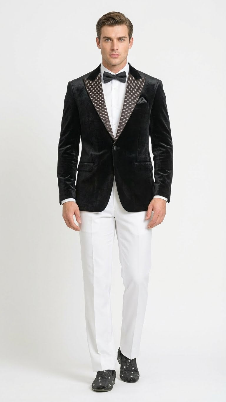 Men’s Black Velvet Tuxedo Blazer with Studded Lapel – Formal Evening Jacket