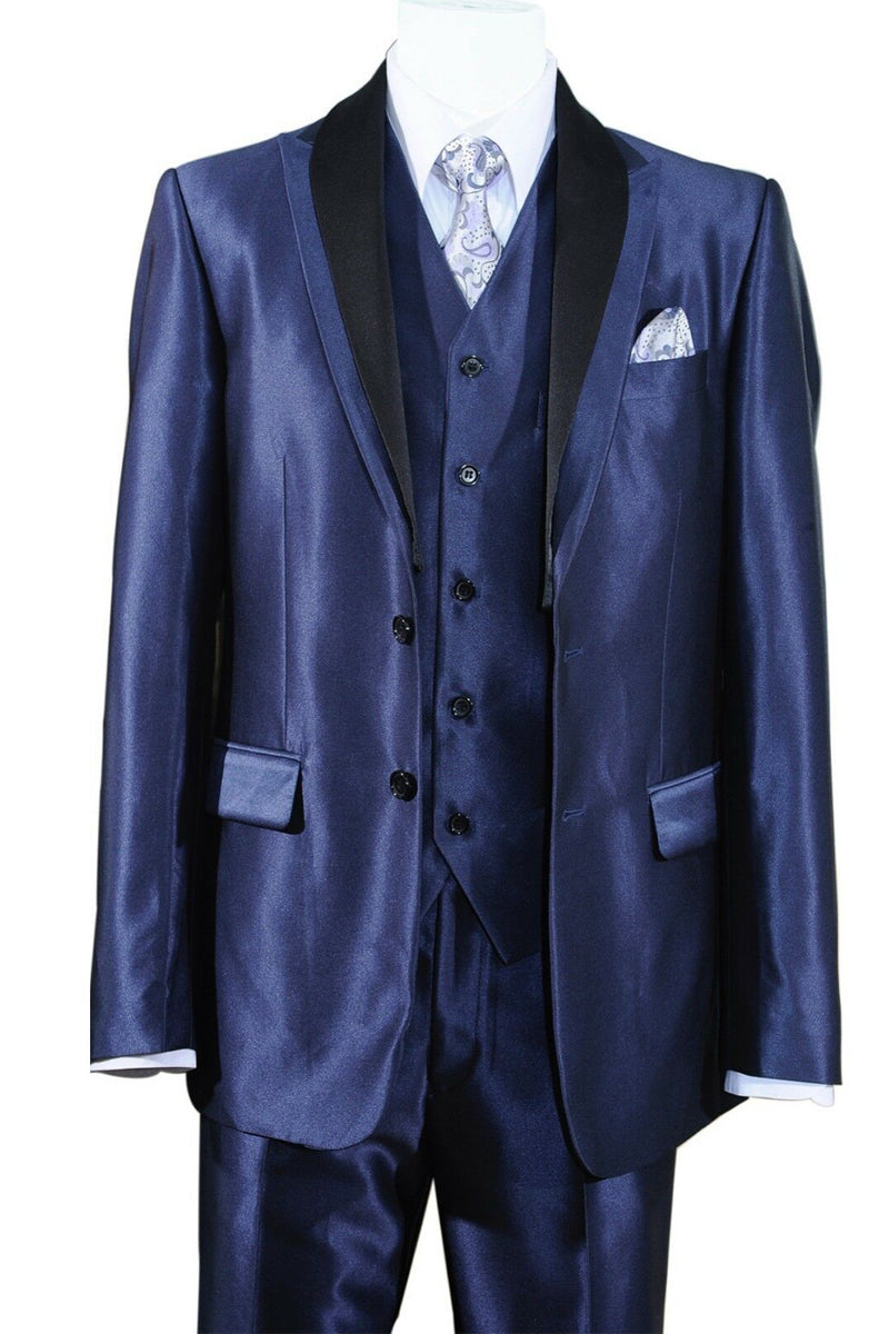 Navy Contrast Peak Lapel Sharkskin Vested Suit