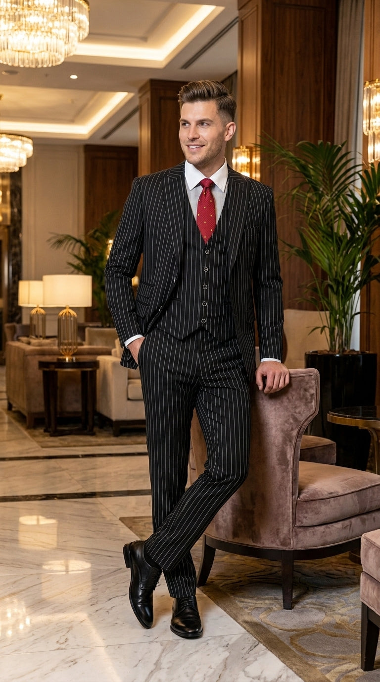 Men’s Beetlejuice Black Pinstripe 3 Piece Suit – Vintage Gothic Halloween Costume Suit
