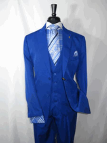 Royal Blue Vested Men's Suit 2 Button Peaked Lapel Suit