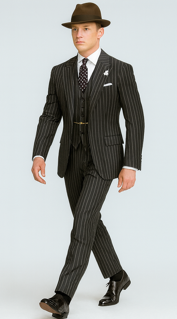 2 Button Black and Bold Chalk Gangster White Stripe Vested Big 1920 1930 Suit Flat Front pants Pants