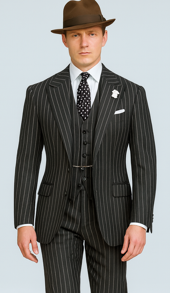2 Button Black and Bold Chalk Gangster White Stripe Vested Big 1920 1930 Suit Flat Front pants Pants