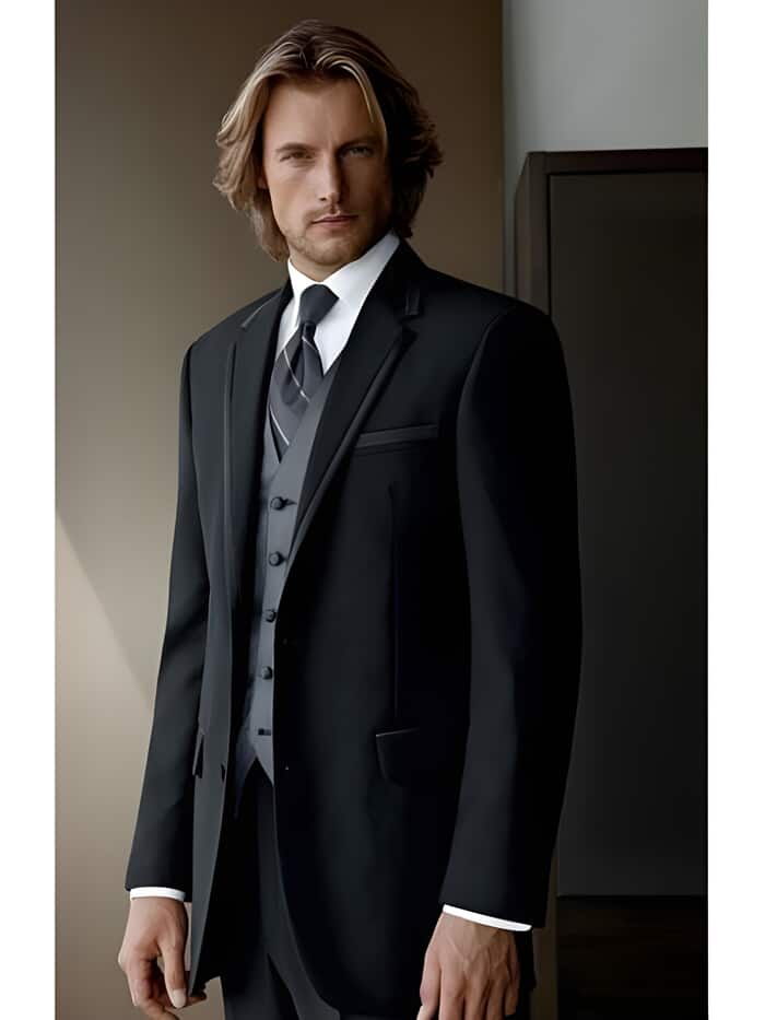 2 Button Wool Wedding / Prom Black Suit Gray Vest 3 Piece Suits Vested Cheap Discounted Suit