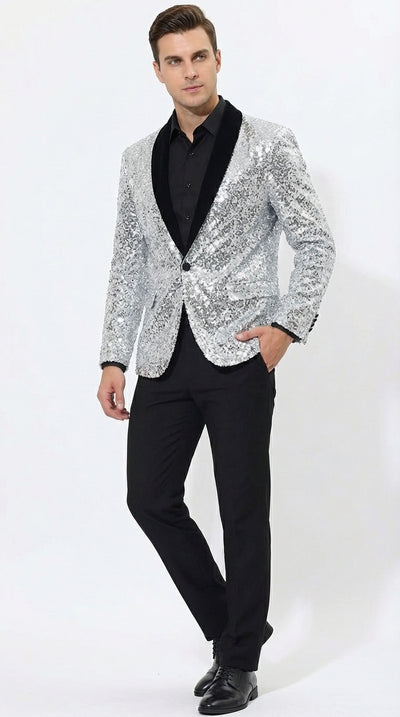 Menβs Silver Sequin Blazer Disco Style Jacket β Black Lapel Party Blazer, Shiny Evening Wear, 70s Dance Outfit, Formal Event Jacket