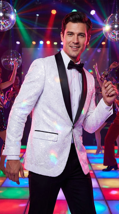 Menβs White Dinner Jacket Disco Blazer 1980s Sequin Style Jacket β Black Lapel Party Blazer, Formal Masquerade Club Wear Paisley Fabric + Bowtie