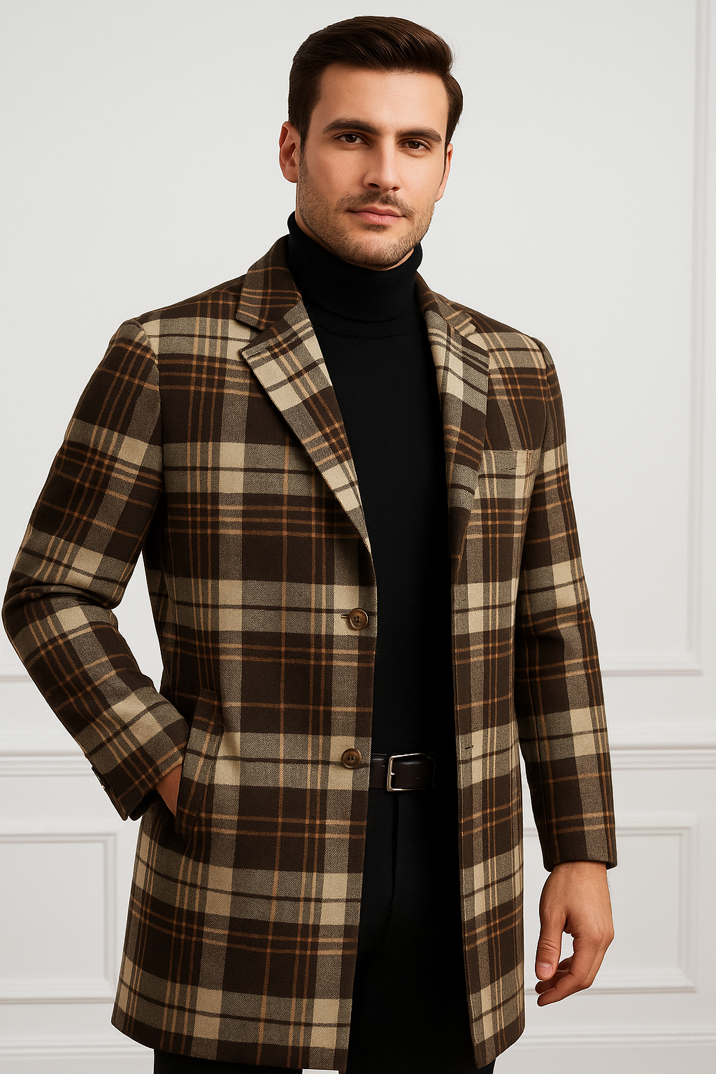 Plaid Wool Overcoat Brown & Camel Blend