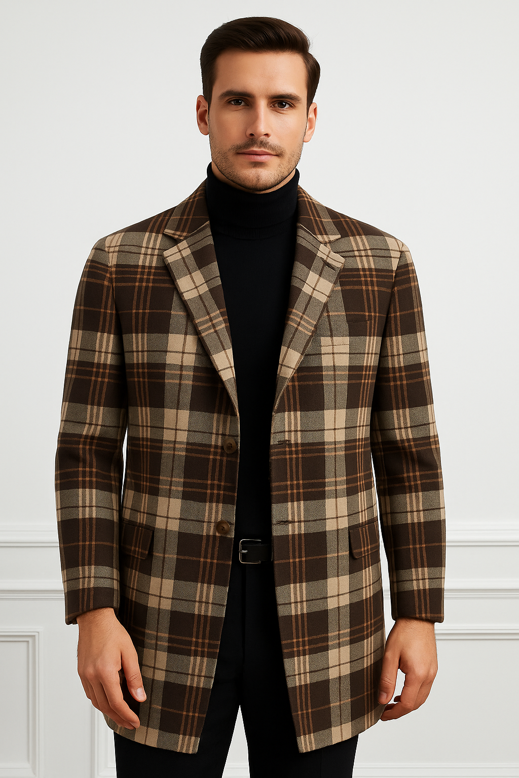 Plaid Wool Overcoat Brown & Camel Blend