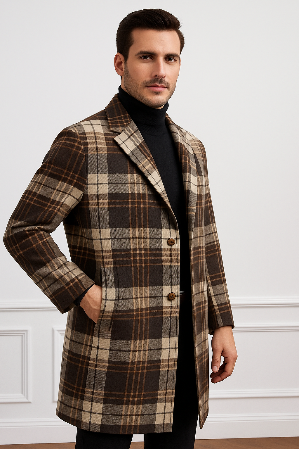Plaid Wool Overcoat Brown & Camel Blend