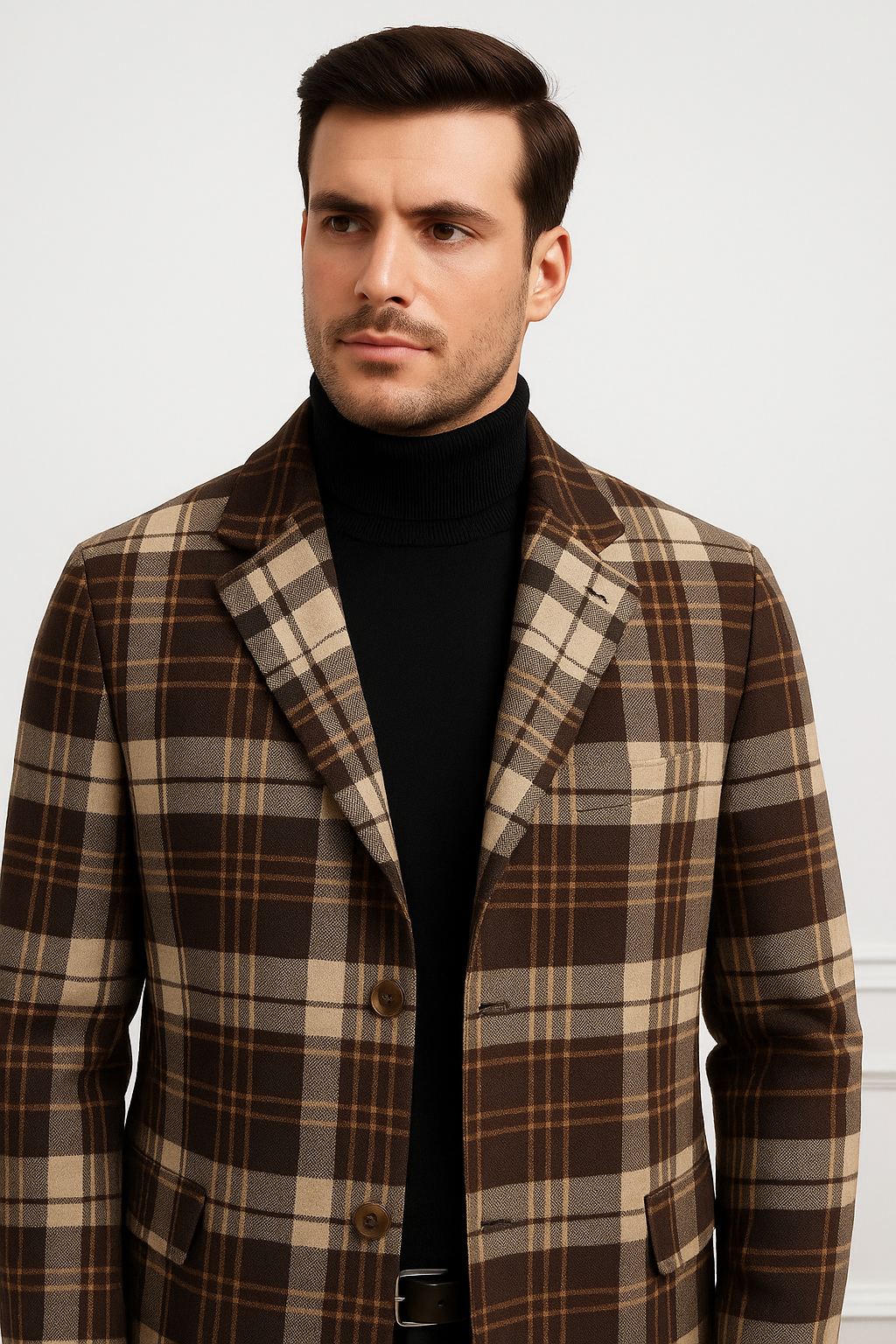 Plaid Wool Overcoat Brown & Camel Blend