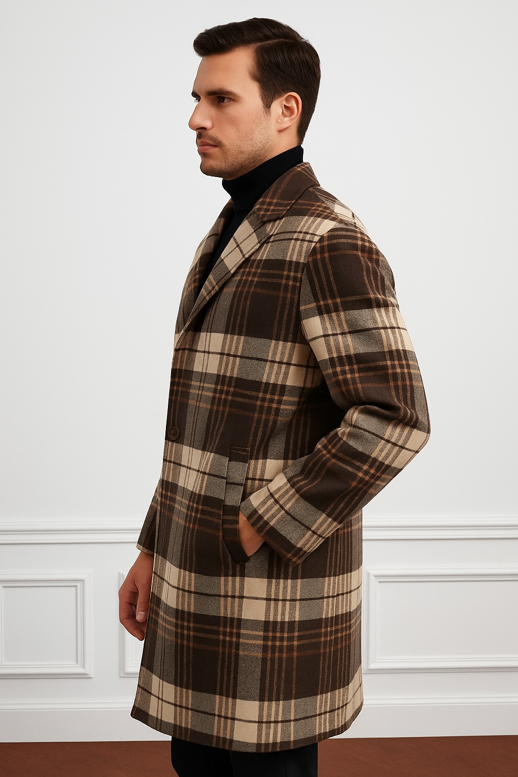 Plaid Wool Overcoat Brown & Camel Blend