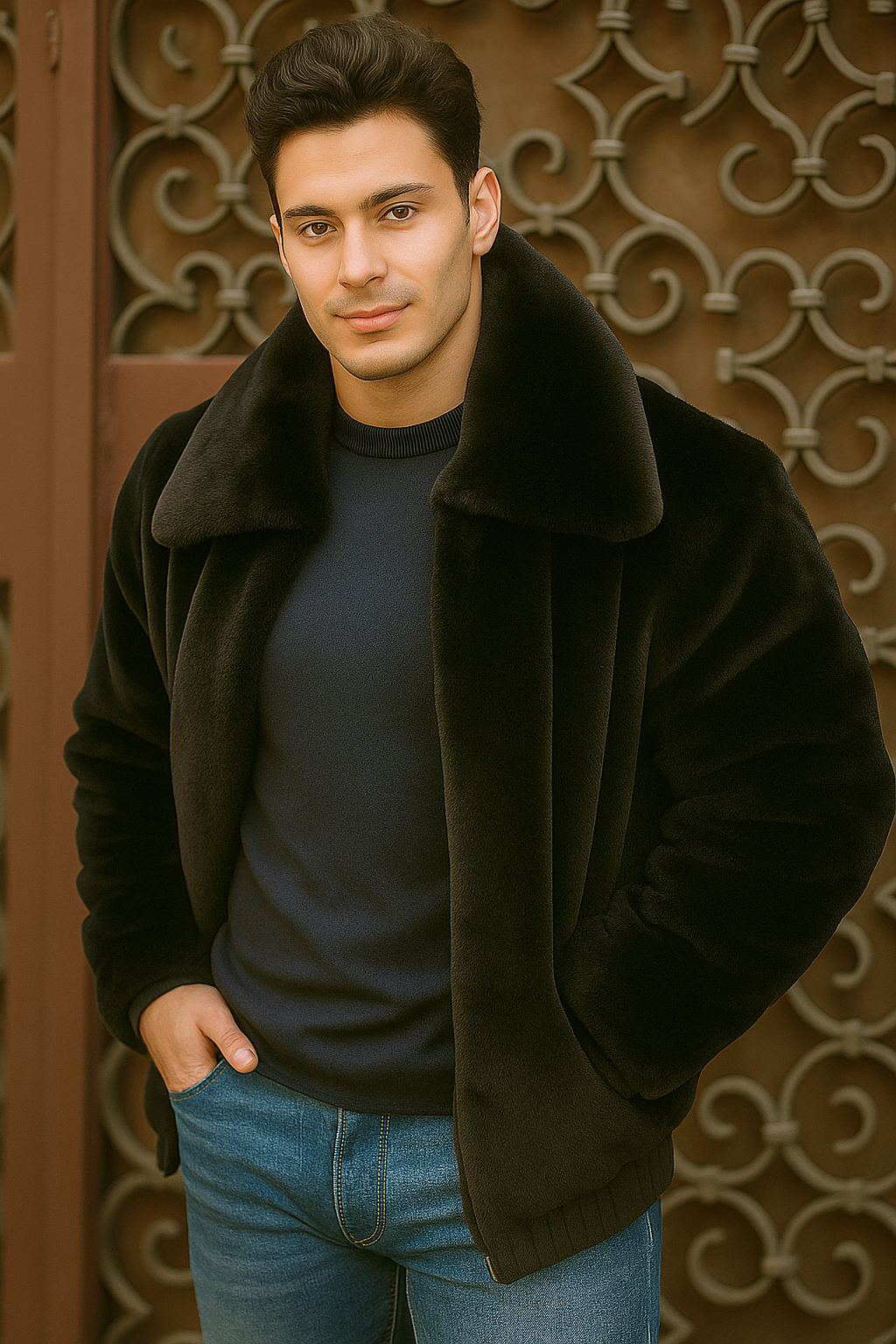 Men's Black Faux Fur Overcoat by Alberto Nardoni
