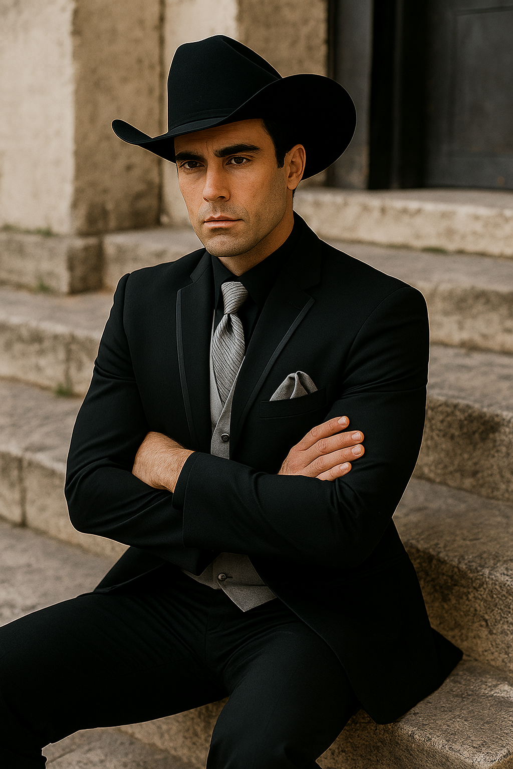 Black Western Tuxedo with Silver Vest & Hat - Slim Fit