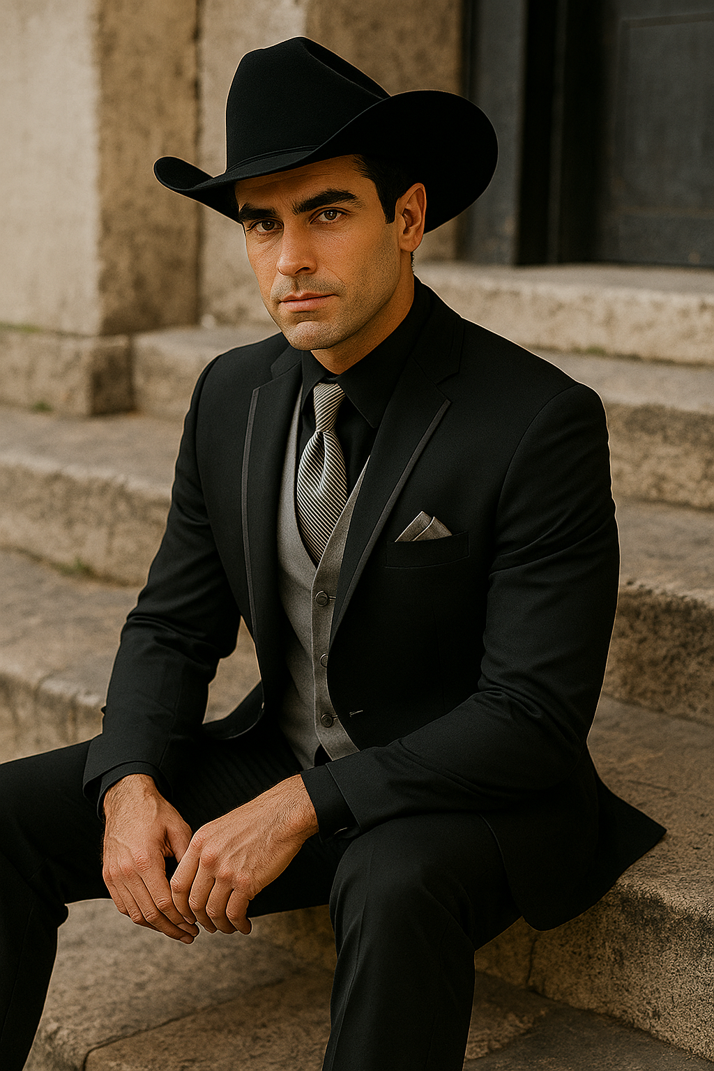 Black Western Tuxedo with Silver Vest & Hat - Slim Fit