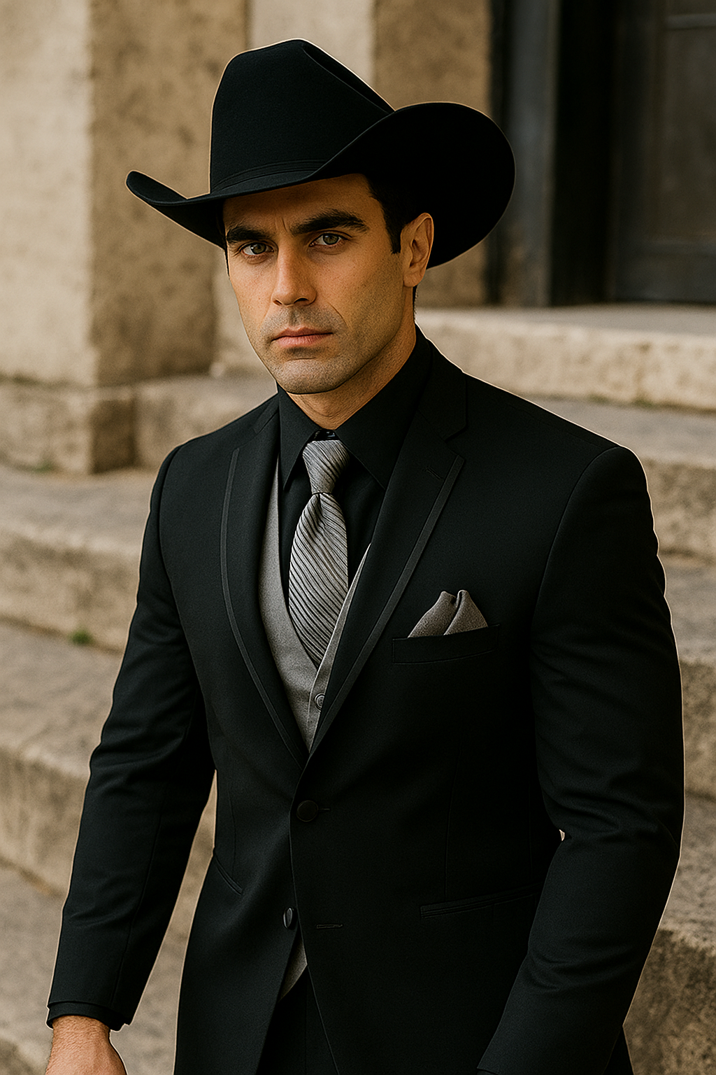 Black Western Tuxedo with Silver Vest & Hat - Slim Fit