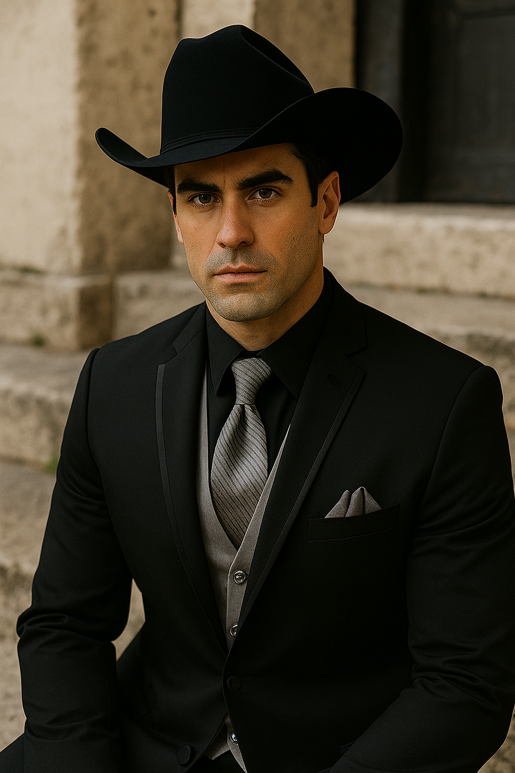 Black Western Tuxedo with Silver Vest & Hat - Slim Fit