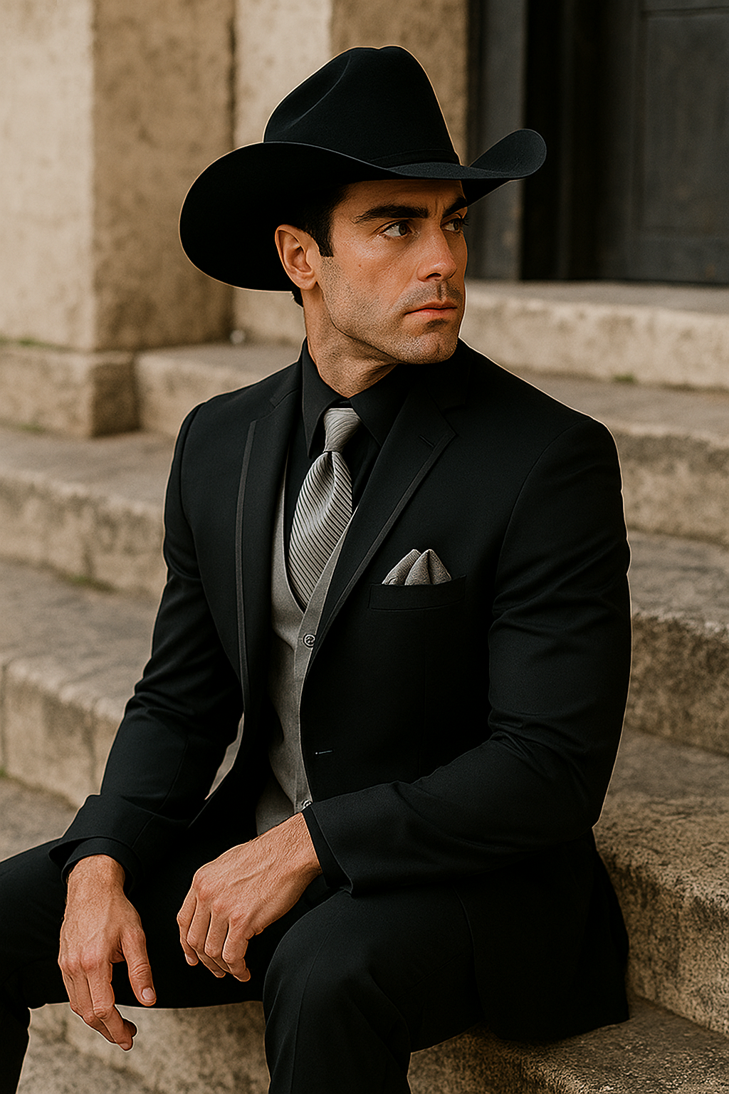Black Western Tuxedo with Silver Vest & Hat - Slim Fit