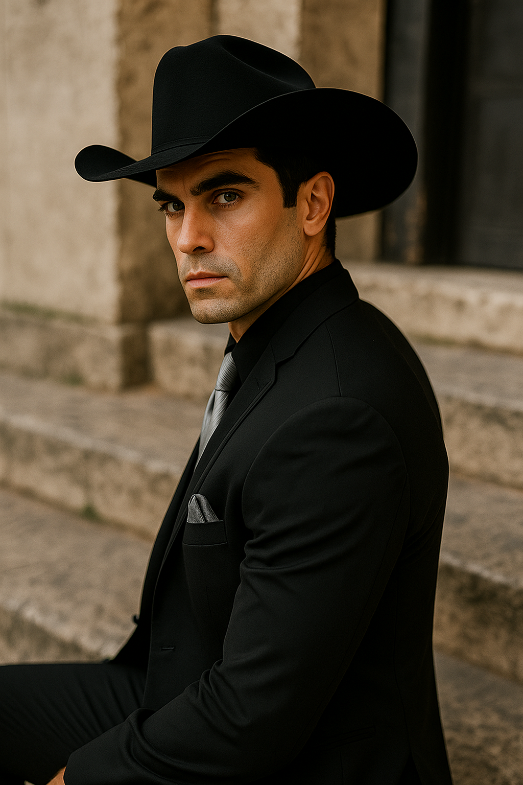 Black Western Tuxedo with Silver Vest & Hat - Slim Fit