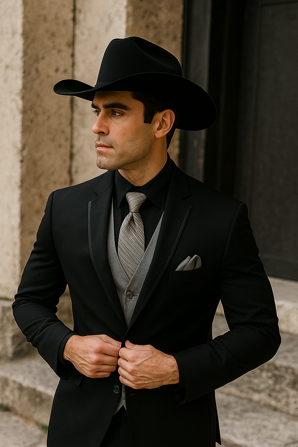 Black Western Tuxedo with Silver Vest & Hat - Slim Fit