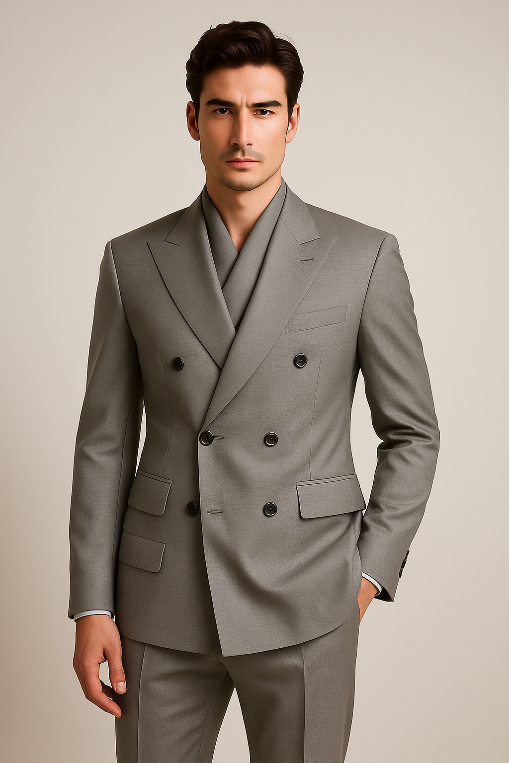 Tiglio Rosso Suit - Classic Fit Athletic Cut 100% Wool Super 150s Italian Fabric Peak Lapel in Color Gray