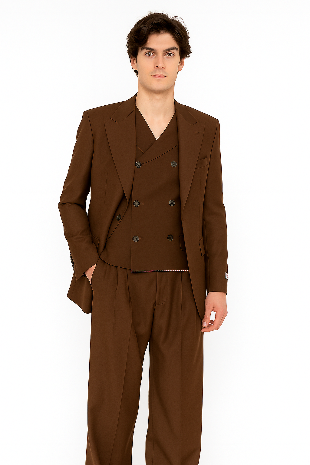 Tiglio Rosso Suit - Classic Fit Athletic Cut 100% Wool Super 150s Italian Fabric Peak Lapel in Color Brown