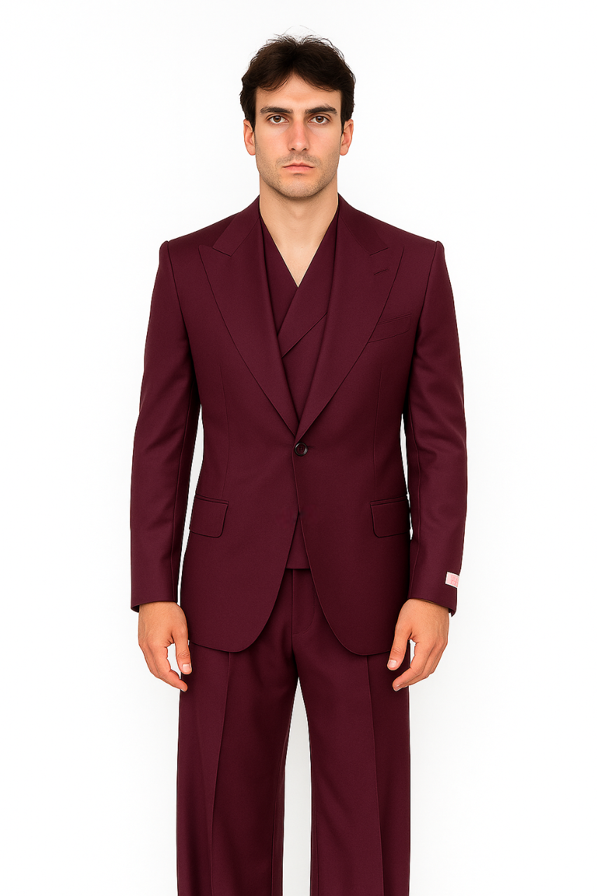 Tiglio Rosso Suit - Classic Fit Athletic Cut 100% Wool Super 150s Italian Fabric Peak Lapel in Color Burgundy