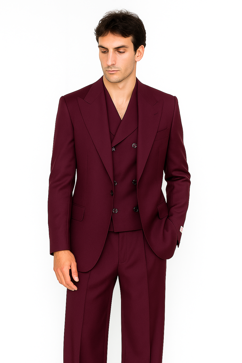 Tiglio Rosso Suit - Classic Fit Athletic Cut 100% Wool Super 150s Italian Fabric Peak Lapel in Color Burgundy