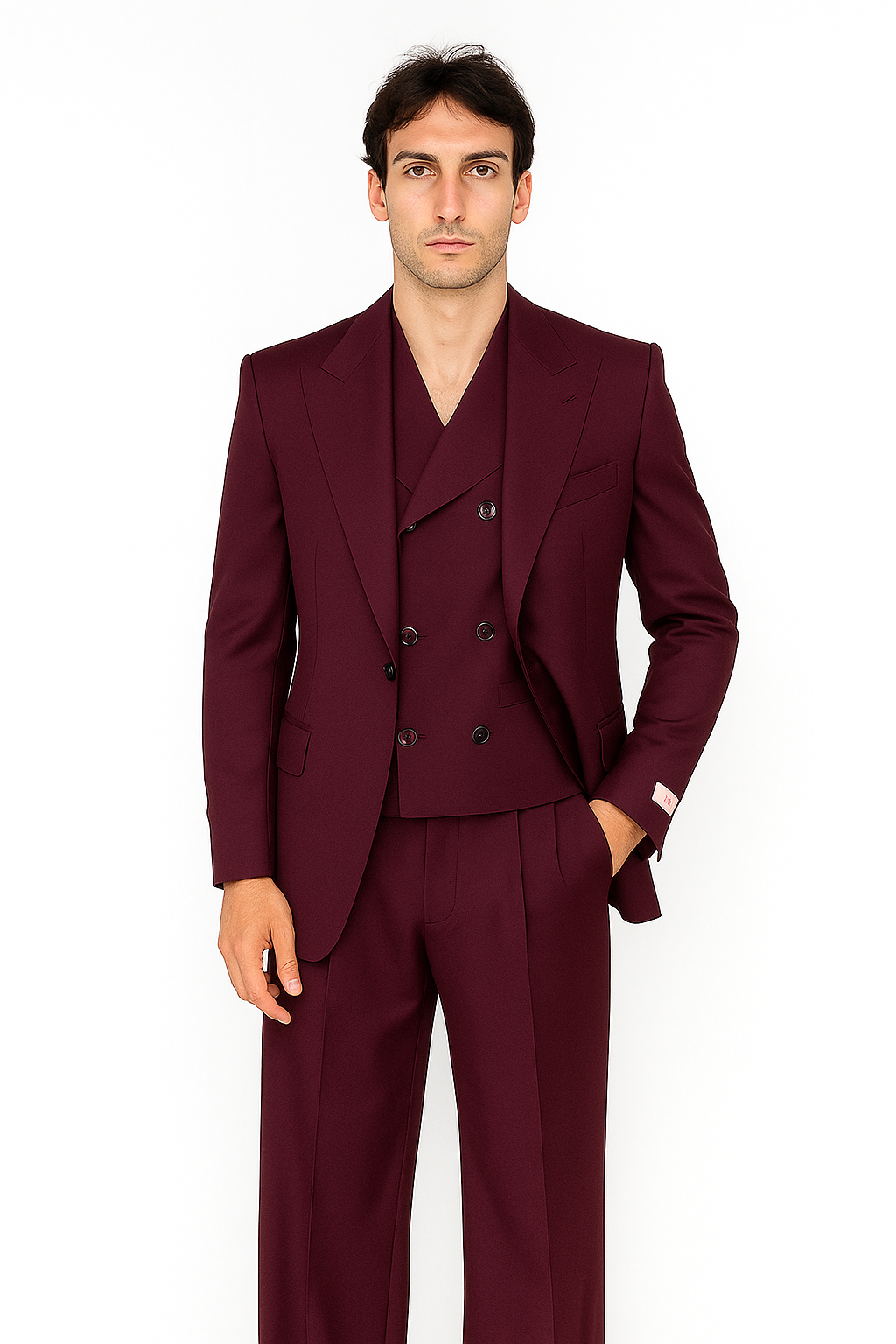 Tiglio Rosso Suit - Classic Fit Athletic Cut 100% Wool Super 150s Italian Fabric Peak Lapel in Color Burgundy