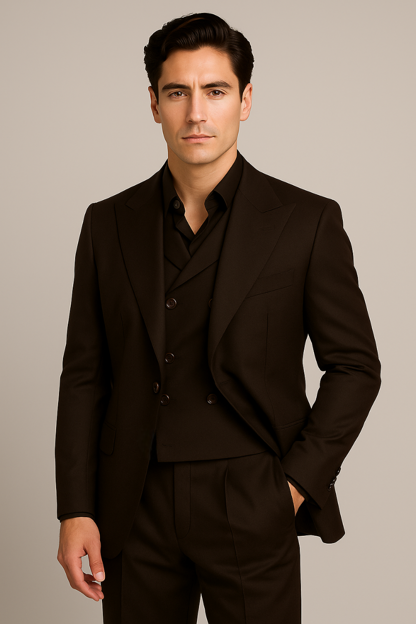 Tiglio Rosso Suit - Classic Fit Athletic Cut 100% Wool Super 150s Italian Fabric Peak Lapel in Color Dark Brown