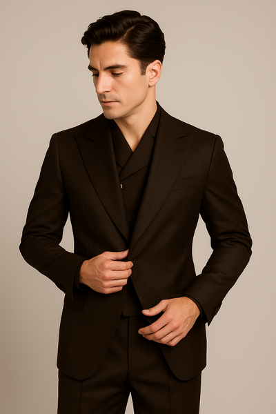 Tiglio Rosso Suit - Classic Fit Athletic Cut 100% Wool Super 150s Italian Fabric Peak Lapel in Color Dark Brown