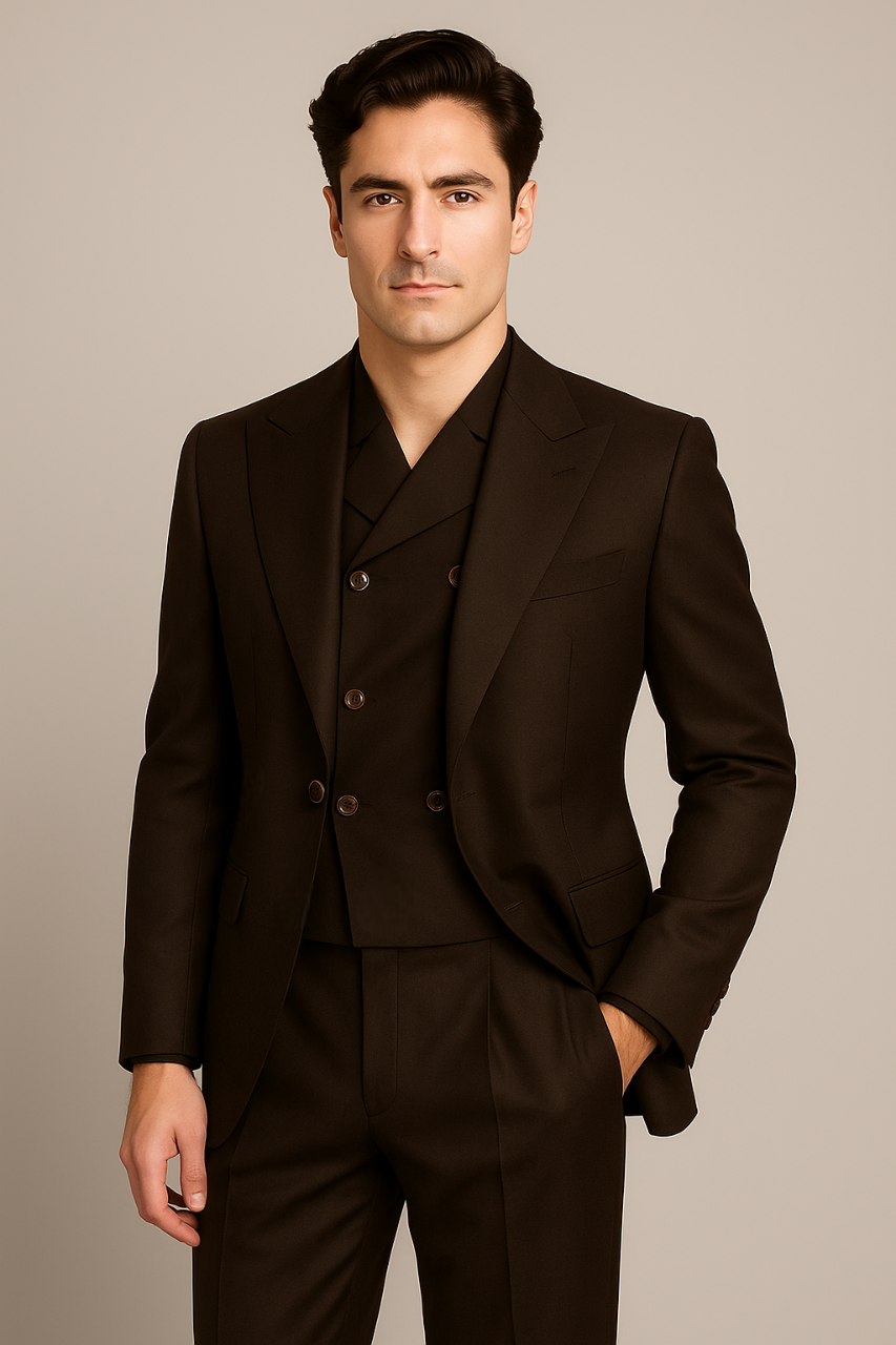 Tiglio Rosso Suit - Classic Fit Athletic Cut 100% Wool Super 150s Italian Fabric Peak Lapel in Color Dark Brown
