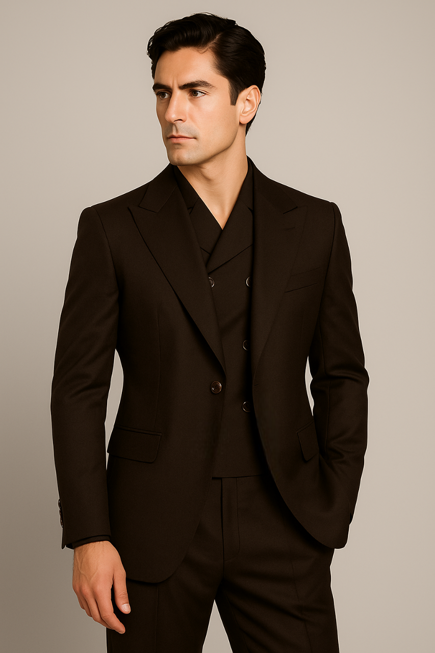 Tiglio Rosso Suit - Classic Fit Athletic Cut 100% Wool Super 150s Italian Fabric Peak Lapel in Color Dark Brown