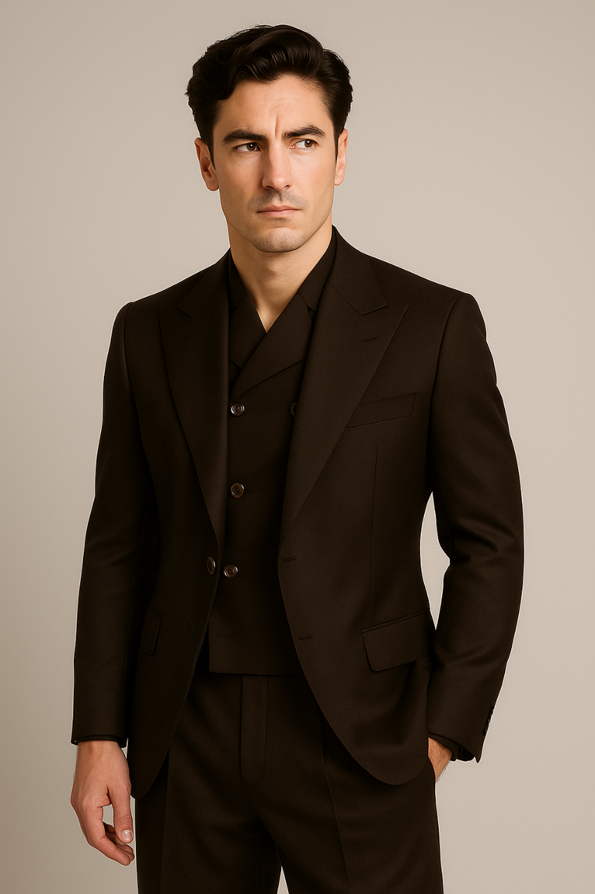 Tiglio Rosso Suit - Classic Fit Athletic Cut 100% Wool Super 150s Italian Fabric Peak Lapel in Color Dark Brown