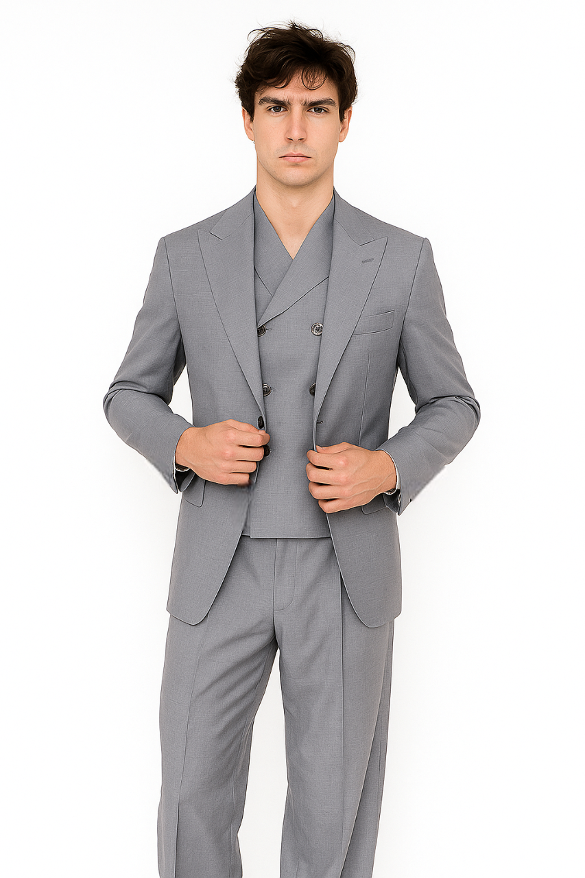 Tiglio Rosso Suit - Classic Fit Athletic Cut 100% Wool Super 150s Italian Fabric Peak Lapel in Color Light Gray