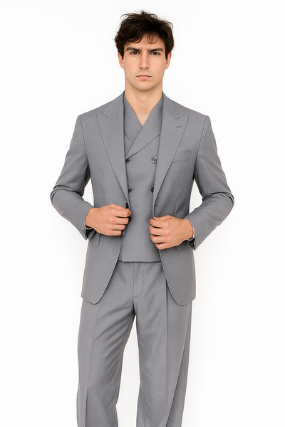 Tiglio Rosso Suit - Classic Fit Athletic Cut 100% Wool Super 150s Italian Fabric Peak Lapel in Color Light Gray