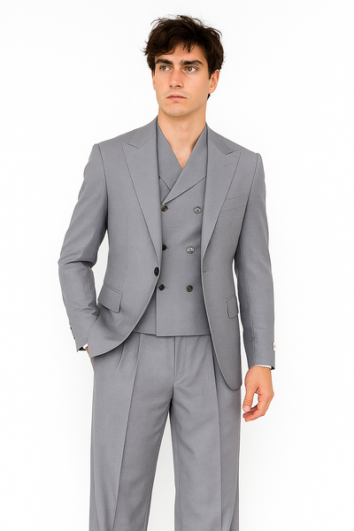 Tiglio Rosso Suit - Classic Fit Athletic Cut 100% Wool Super 150s Italian Fabric Peak Lapel in Color Light Gray