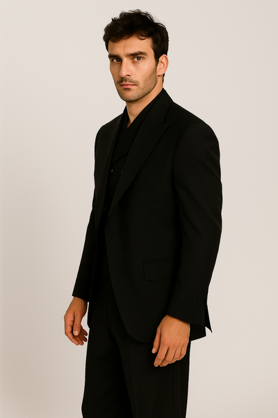 Tiglio Rosso Suit - Classic Fit Athletic Cut 100% Wool Super 150s Italian Fabric Peak Lapel in Color Black