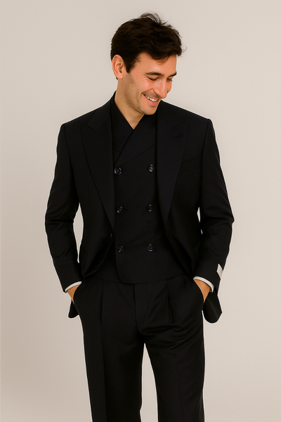 Tiglio Rosso Suit - Classic Fit Athletic Cut 100% Wool Super 150s Italian Fabric Peak Lapel in Color Navy