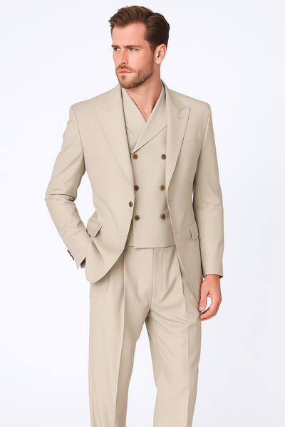 Tiglio Rosso Suit - Classic Fit Athletic Cut 100% Wool Super 150s Italian Fabric Peak Lapel in Color Tan