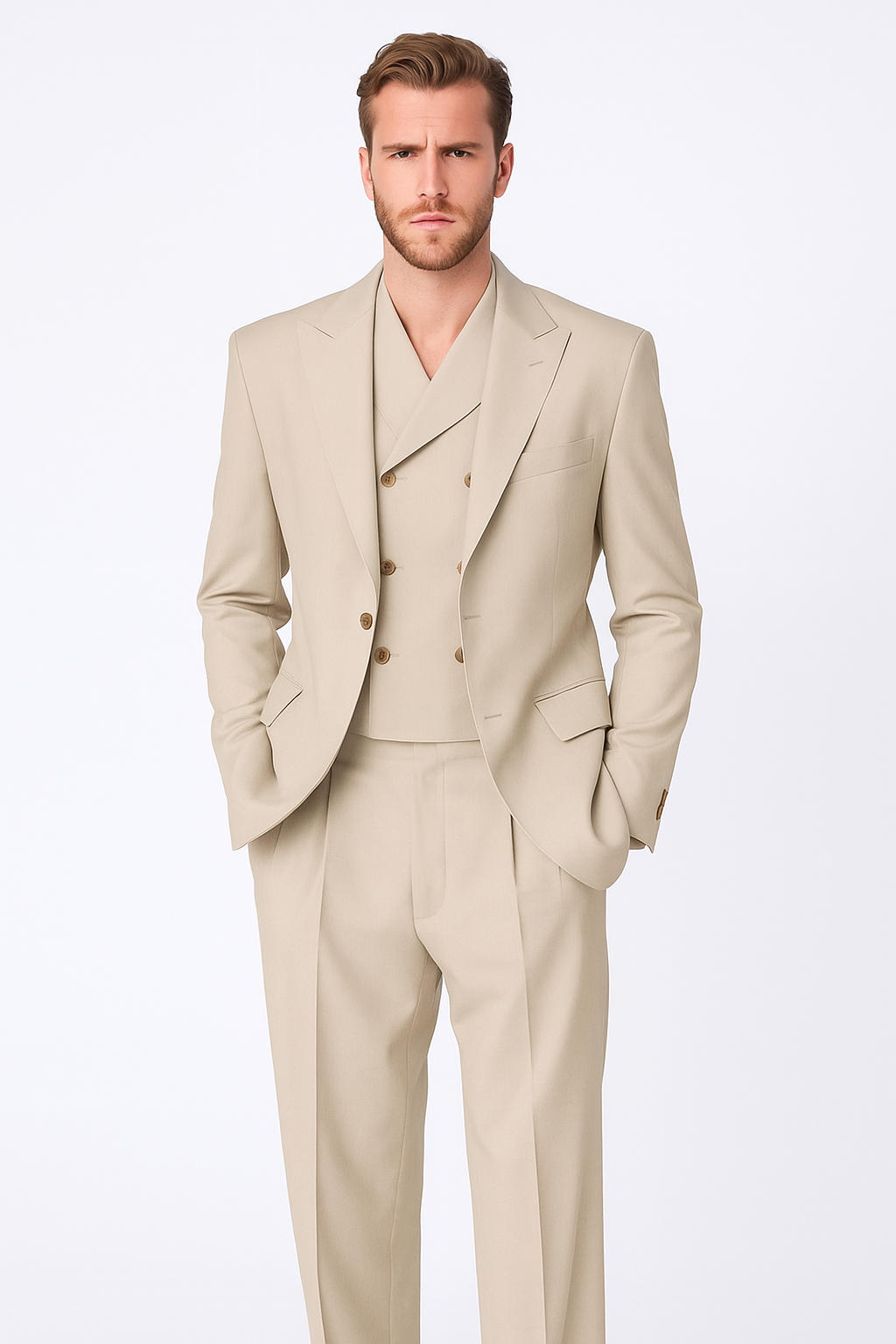 Tiglio Rosso Suit - Classic Fit Athletic Cut 100% Wool Super 150s Italian Fabric Peak Lapel in Color Tan