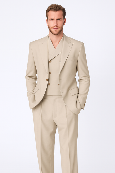 Tiglio Rosso Suit - Classic Fit Athletic Cut 100% Wool Super 150s Italian Fabric Peak Lapel in Color Tan