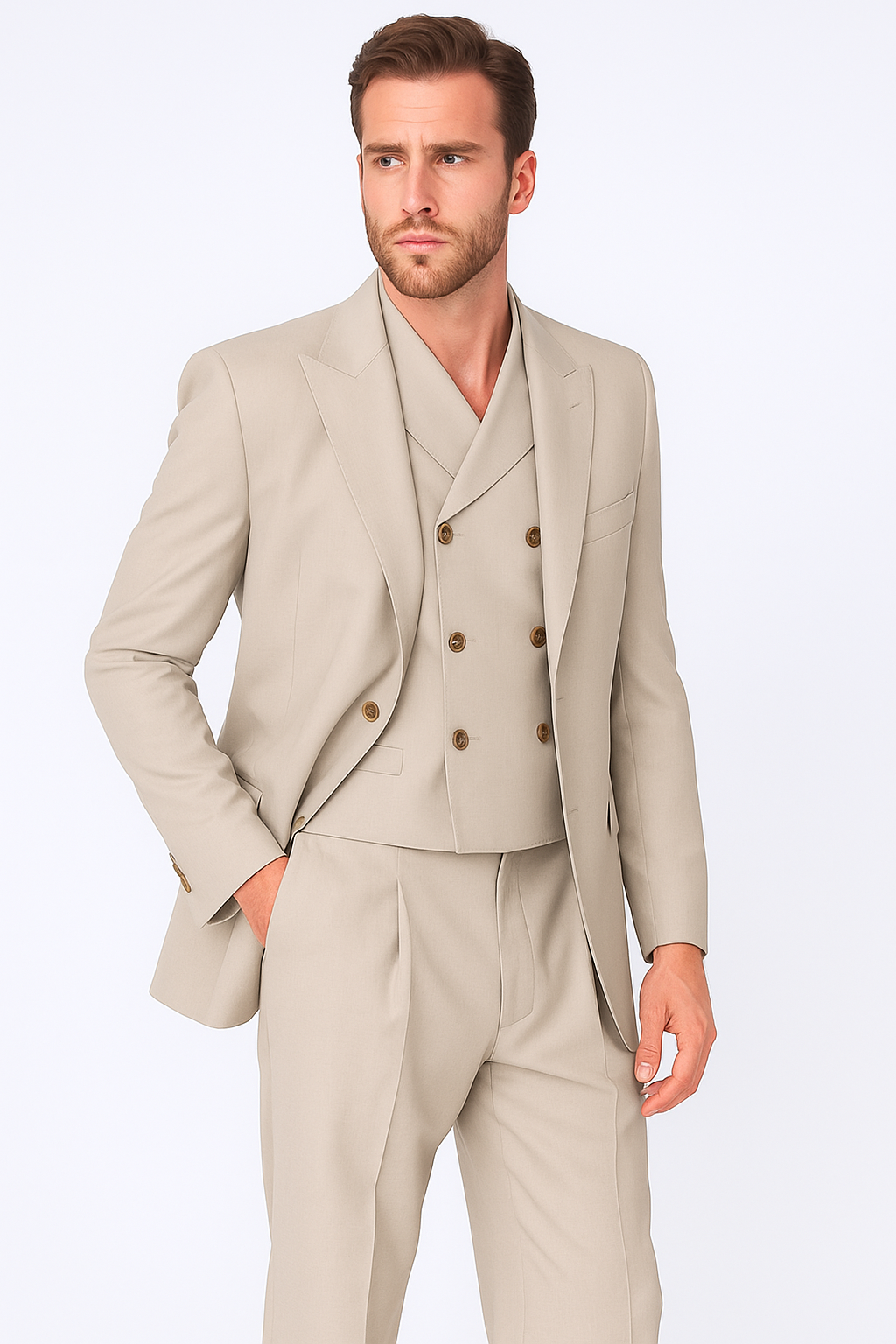 Tiglio Rosso Suit - Classic Fit Athletic Cut 100% Wool Super 150s Italian Fabric Peak Lapel in Color Tan