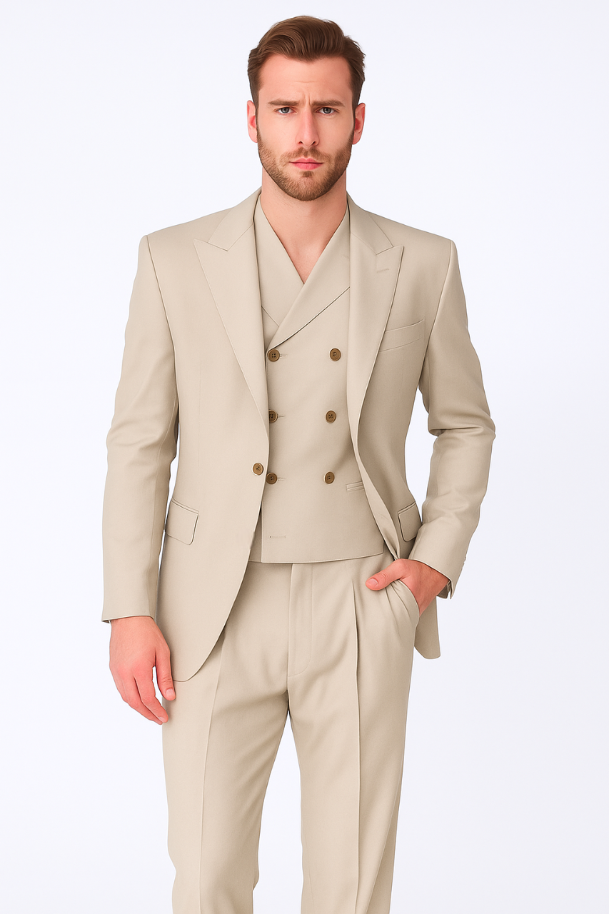 Tiglio Rosso Suit - Classic Fit Athletic Cut 100% Wool Super 150s Italian Fabric Peak Lapel in Color Tan