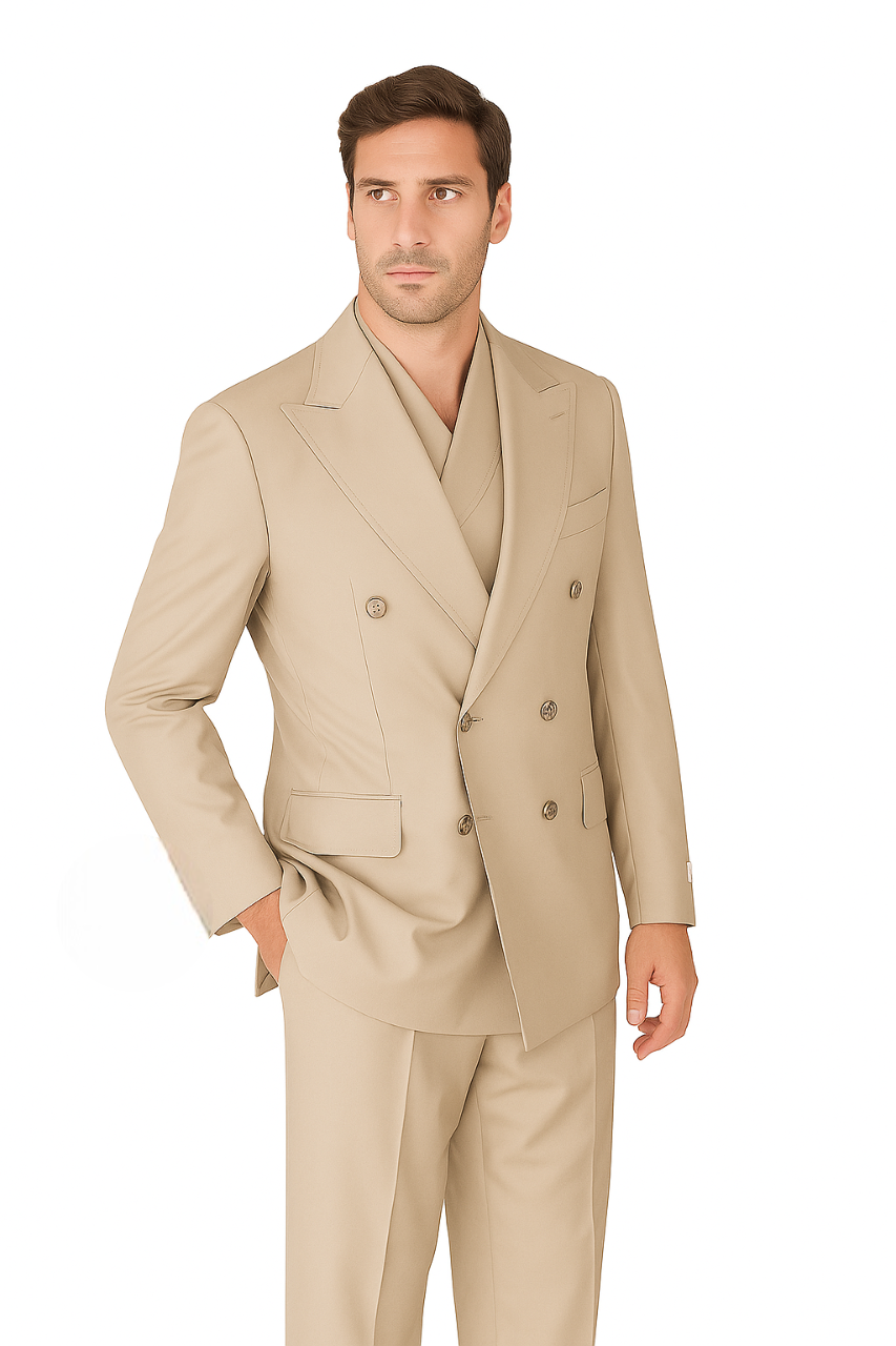 Tiglio Rosso Suit - Classic Fit Athletic Cut 100% Wool Super 150s Italian Fabric Peak Lapel in Color Light Tan