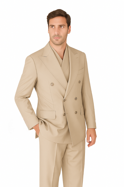 Tiglio Rosso Suit - Classic Fit Athletic Cut 100% Wool Super 150s Italian Fabric Peak Lapel in Color Light Tan