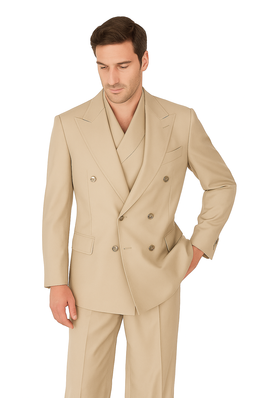 Tiglio Rosso Suit - Classic Fit Athletic Cut 100% Wool Super 150s Italian Fabric Peak Lapel in Color Light Tan