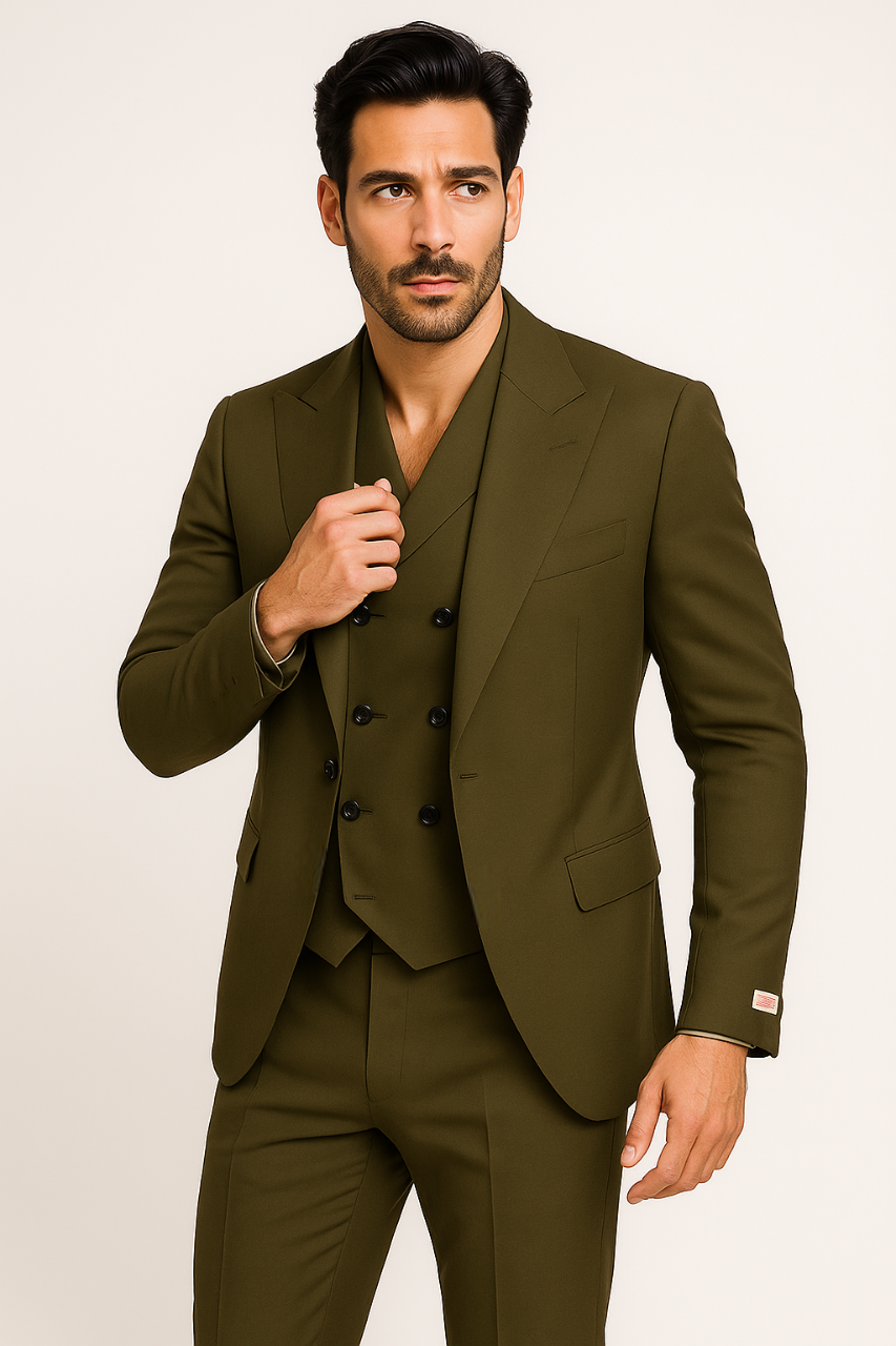 Tiglio Rosso Suit - Classic Fit Athletic Cut 100% Wool Super 150s Italian Fabric Peak Lapel in Color Olive